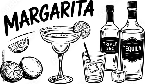 A black and white illustration of margarita ingredients and a finished cocktail, including limes, tequila, triple sec, and ice.