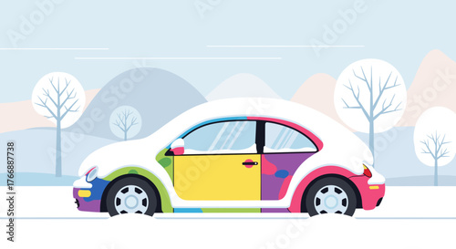 colorful car covered in snow, bright vehicle contrasting white winter background