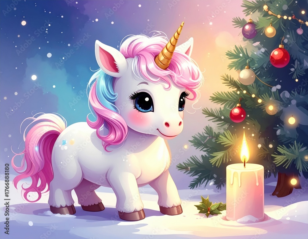 Fototapeta premium A whimsical unicorn stands beside a decorated Christmas tree, with a glowing candle casting a warm light in a snowy scene.