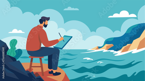 An artist creates beautiful watercolor paintings while sitting on a coastal cliff the roaring waves below serving as both inspiration and soundtrack.. Vector illustration