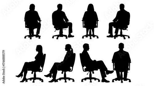 Office Chair Silhouettes — Black Seated Figures in Corporate Settings on White Background, Minimalist Vector Illustration