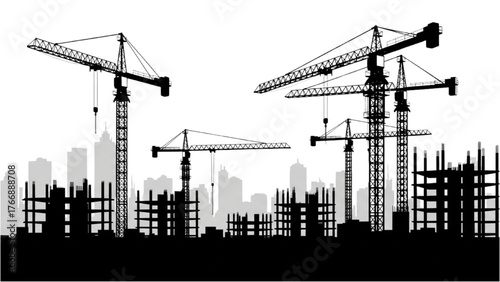 Construction Site Silhouettes — Tower Cranes and Urban Building Frameworks in Black on White Background, Minimalist Vector Illustration