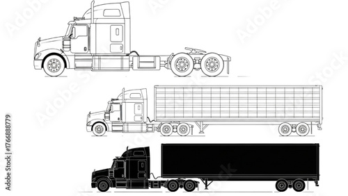 Semi-Truck Technical Illustrations — Tractor, Full Truck with Trailer, and Silhouette in Monochrome Vector Style