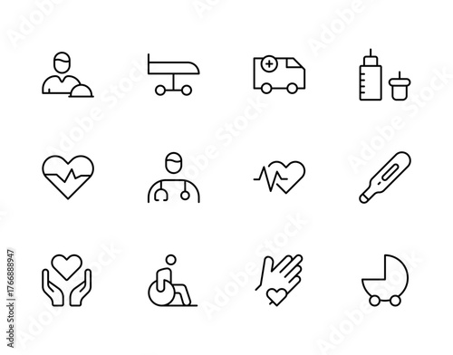 Healthcare and Family Care Line Icon Set — Modern Minimal Medical and Wellness Symbols for Hospitals and Clinics