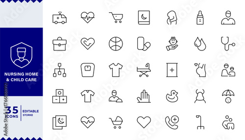 Pixel Perfect, Nursing Home and Child Care Icon Set.Compassionate icons for elder care, child safety, and support services,isabled, nurse, emergency, medical, hospital, responsibility, and caring.