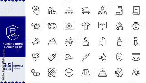 Pixel Perfect, Nursing Home and Child Care Icon Set.Compassionate icons for elder care, child safety, and support services,isabled, nurse, emergency, medical, hospital, responsibility, and caring.