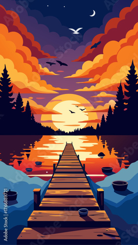 Wooden pier extending into a lake at sunset with colorful clouds and silhouetted trees