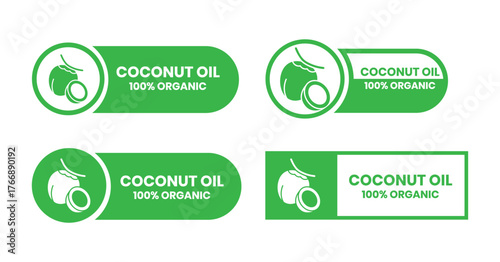 Coconut oil half with leaf icon set. 100% organic and natural. Coconut oil label, logo, badge, symbol, banner, line, flat vector, isolated illustration. Coconut oil label for product packaging design.