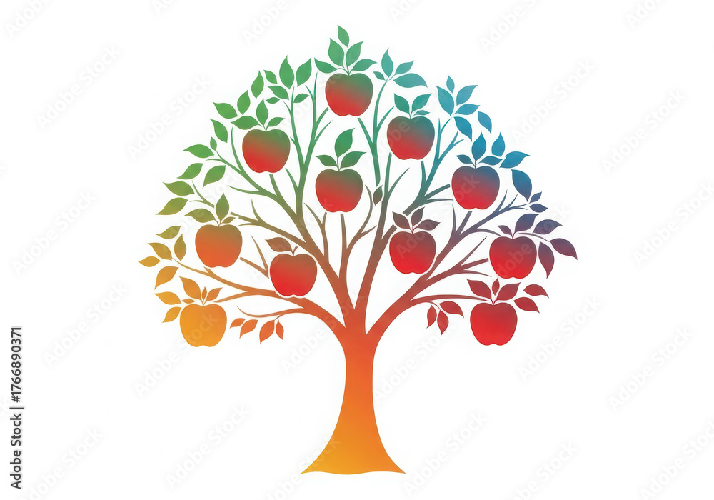 Obraz premium Vibrant stylized apple tree with colorful gradient fruits and leaves on a white background
