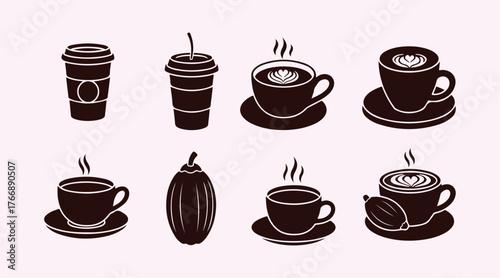 Collection of coffee icons. Includes coffee cup, tea, cocoa, and latte. Vector graphic.