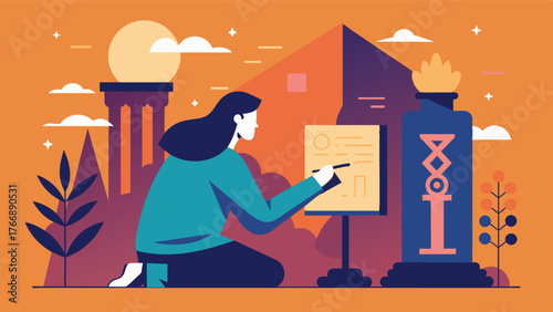 As the rays of the setting sun illuminated the temple a freelance designer sketched out ideas for a new font inspired by the ancient hieroglyphs on the temple walls.. Vector illustration