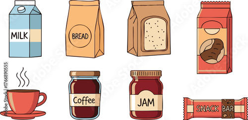 A charming cartoon illustration set of essential pantry and breakfast foods, including coffee, milk, bread, and jam, isolated on a white background