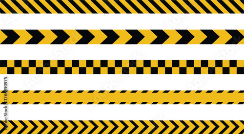 Caution tape pattern set, industrial hazard stripe vector, black and yellow safety design, chevron and checkerboard warning strip pack