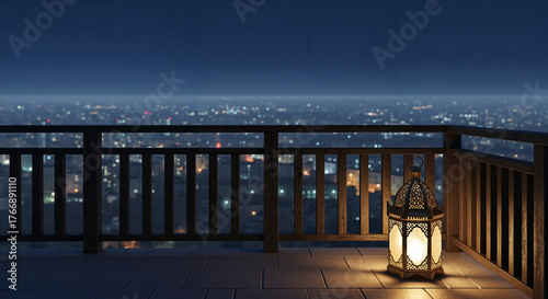 Empty balcony with a glowing lantern and city below lost in stillness  