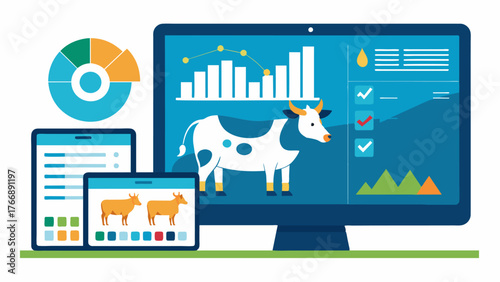 A data analysis software showing realtime updates of each animals health and alerting farmers of any abnormalities.. Vector illustration