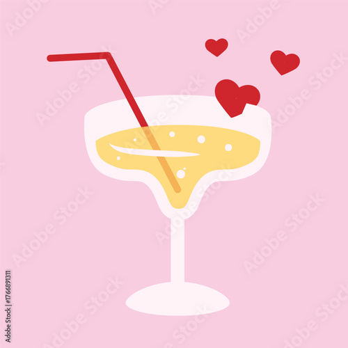 Cocktail glasses champagne wine daiquiri drawing in flat style. Vector