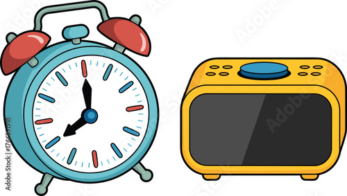 Clock illustration, analog and digital, timekeeping concept, alarm clock, blank screen, modern design, classic style, yellow digital clock, blue alarm clock