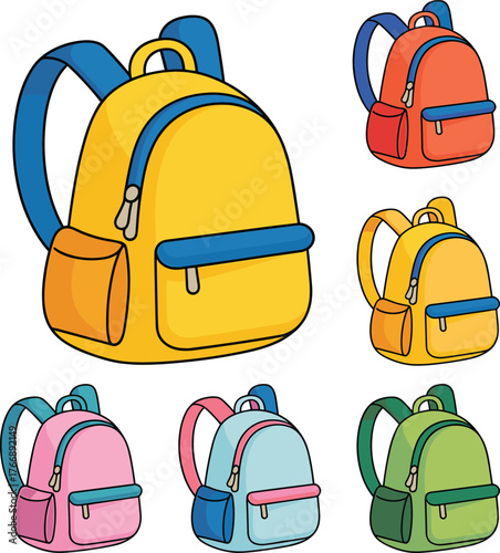 Colorful cartoon backpack set, school bag icons, kids travel gear, playful design, front pocket detail, educational supplies, vector illustration, accessory