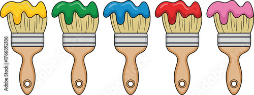 Colorful paintbrush illustration set, dripping paint vector design, art tool collection, black handle with vibrant bristle colors, creative decor pack
