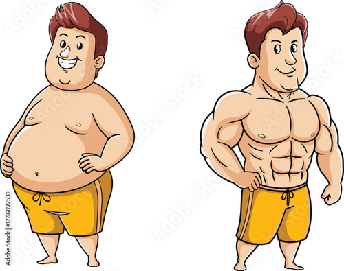 Fitness comparison cartoon, before and after body transformation, weight loss and muscle gain visual, health improvement concept, vector character design