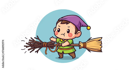 A cartoon boy wearing a purple hat holds a broom with a worried expression on a blue circular background.