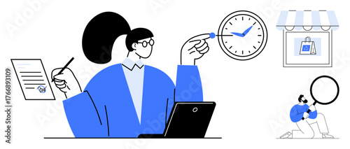 Woman holding a pen next to a laptop, pointing at a clock, document, storefront, and magnifying glass. Ideal for time management, e-commerce, efficiency, analytics planning teamwork productivity