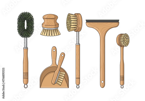 Cleaning tools brushes dustpan squeegee Wooden handles natural bristles