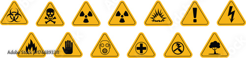 Hazard warning sign set, safety symbol collection, toxic flammable biohazard icons, industrial danger visuals, black on yellow triangle, workplace alert design