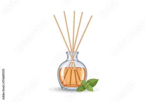 Aromatherapy reed diffuser in a clear bottle with essential oil  mint leaves
