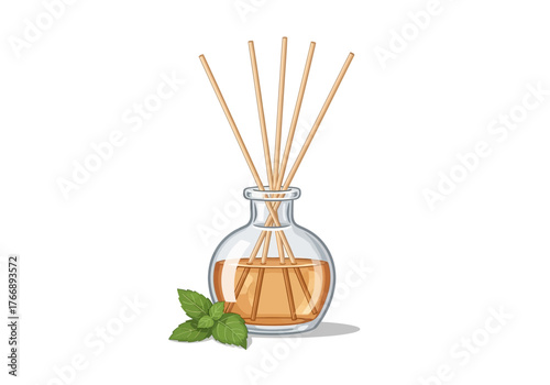 Glass diffuser bottle with wooden reeds and liquid with green mint leaves beside it