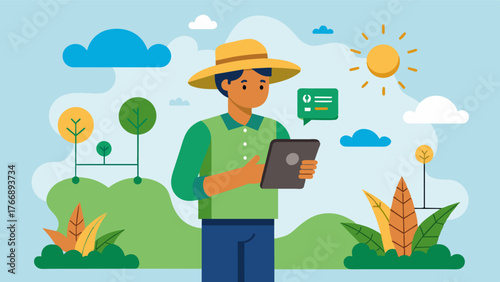 A farmer using a tablet to monitor soil conditions and moisture levels which will be used by an AI system to suggest the most suitable crop rotation plan.. Vector illustration