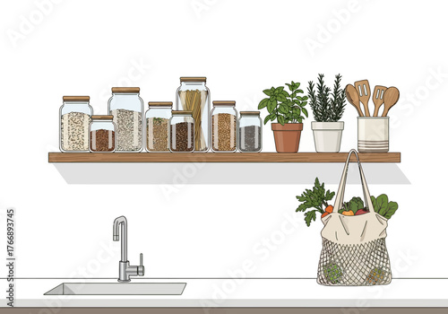 Kitchen scene shelf with jars plants utensils sink and produce in a mesh bag