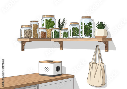 Shelf with jars plant and herbs above a cabinet with a bag hanging nearby