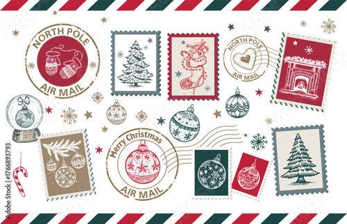 Christmas Stamps, mail, postcard hand drawn illustrations on white.