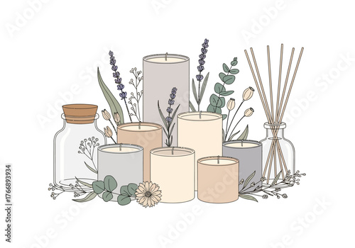 Array of candles a bottle diffuser sticks and lavender sprigs against a white backdrop