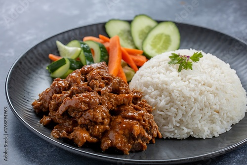 Steaming plate of white rice served with savory meat and fresh vegetables