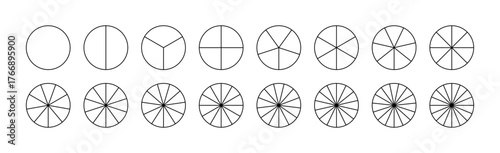 Parts of diagram wheel from 1 to 16. Template of pie chart. Coaching blank. Segmented charts. Pie charts, pizza charts set. 16 circles. Sectors divide the circle on equal parts. Outline black graphics
