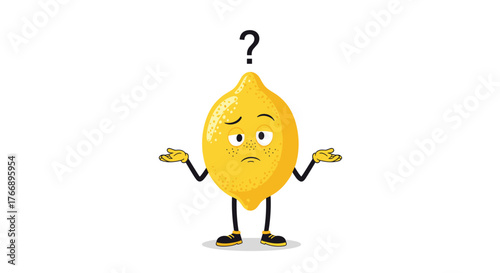 A confused lemon character with a question mark above its head, shrugging its shoulders and looking unsure about what is happening.