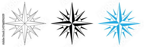 Compass rose illustrations in black, white, and blue for navigation design,compass,
rose,
navigation,
direction,
travel,editable stroke