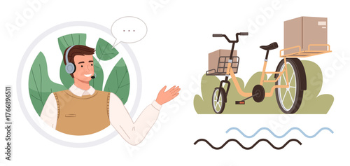 Customer support agent wearing a headset, gesturing towards a delivery bicycle with cargo boxes. Ideal for service, logistics, sustainability, communication, support, e-commerce, eco solutions