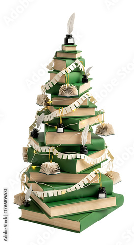 Creative holiday tree made of books with miniature book ornaments and string lights isolated on transparent background for libraries