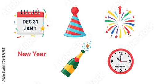 Colorful flat vector icons of New Year celebration with fireworks, champagne, party hat, clock, and calendar for festive designs
