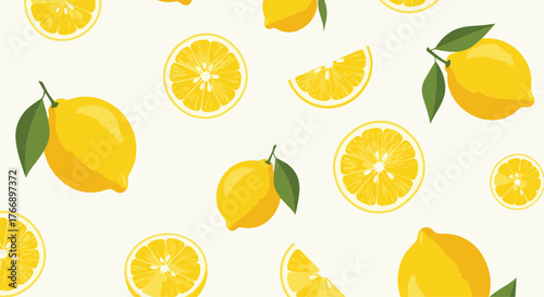 Vibrant Lemon Pattern: Fresh citrus fruit slices and whole lemons on a neutral background, perfect for summer designs and food-related projects.