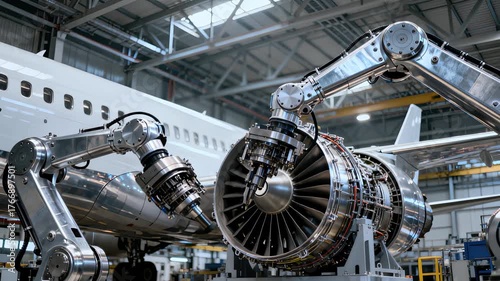 Industrial robotic arm assembling parts of modern airplane engine inside hangar. Precision engineering and future of aviation manufacturing. Aerospace, industrial robotic technology and automation