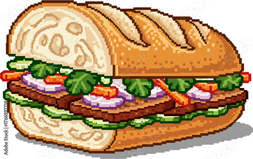 A pixelated sandwich with various fillings, ready to be eaten.