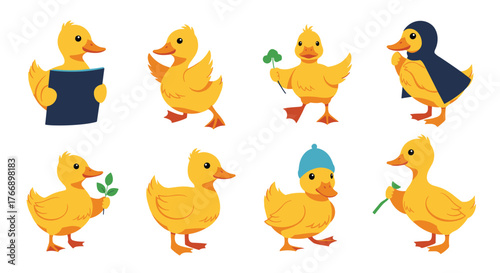 A collection of cute yellow duckling illustrations engaged in various adorable activities and poses, perfect for children's designs.