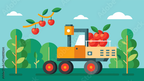 A compact automated fruit harvester can easily maneuver through narrow paths and tight spaces in orchards improving accessibility and harvest efficiency.. Vector illustration