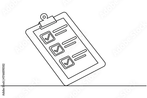 Minimalist single line art of task checklist clipboard and pen for business planning concept
