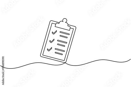 Minimalist single line art of task checklist clipboard and pen for business planning concept