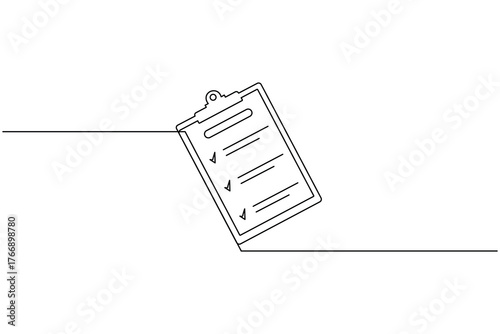 Minimalist single line art of task checklist clipboard and pen for business planning concept